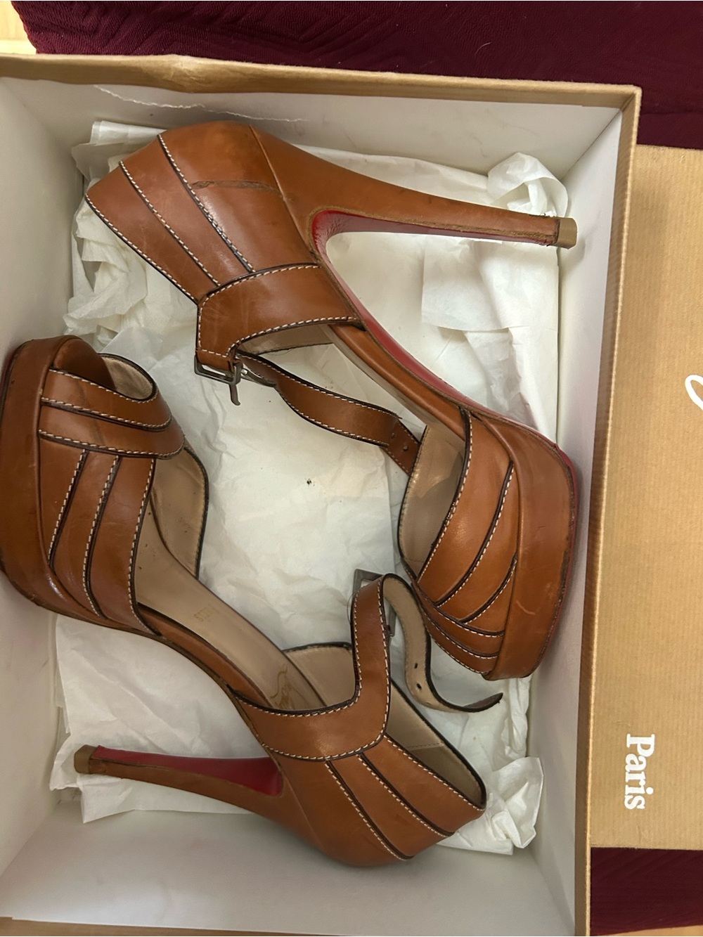 Christian Louboutin Tan Leather Peep-Toe Platform Heels with Red Sole
